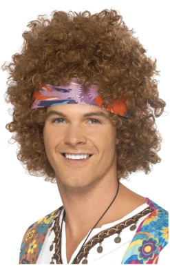 Smiffys Brown Hippy Afro With Headscarf All Decades /Era Costumes